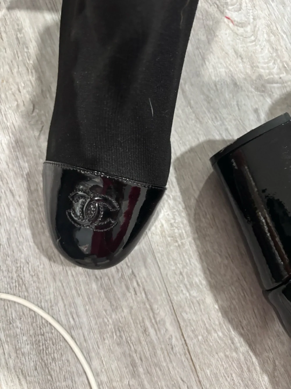 CHANEL Black Stretch Sock Boots with Glossy Patent Cap Toe - Picture 2 of 7